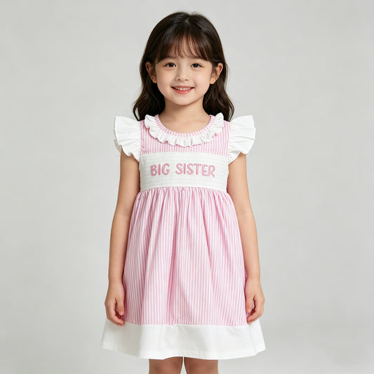 4.14 GSD3153 RTS NO MOQ （In stock）Flutter sleeves big sister smocked stripe girls dresses