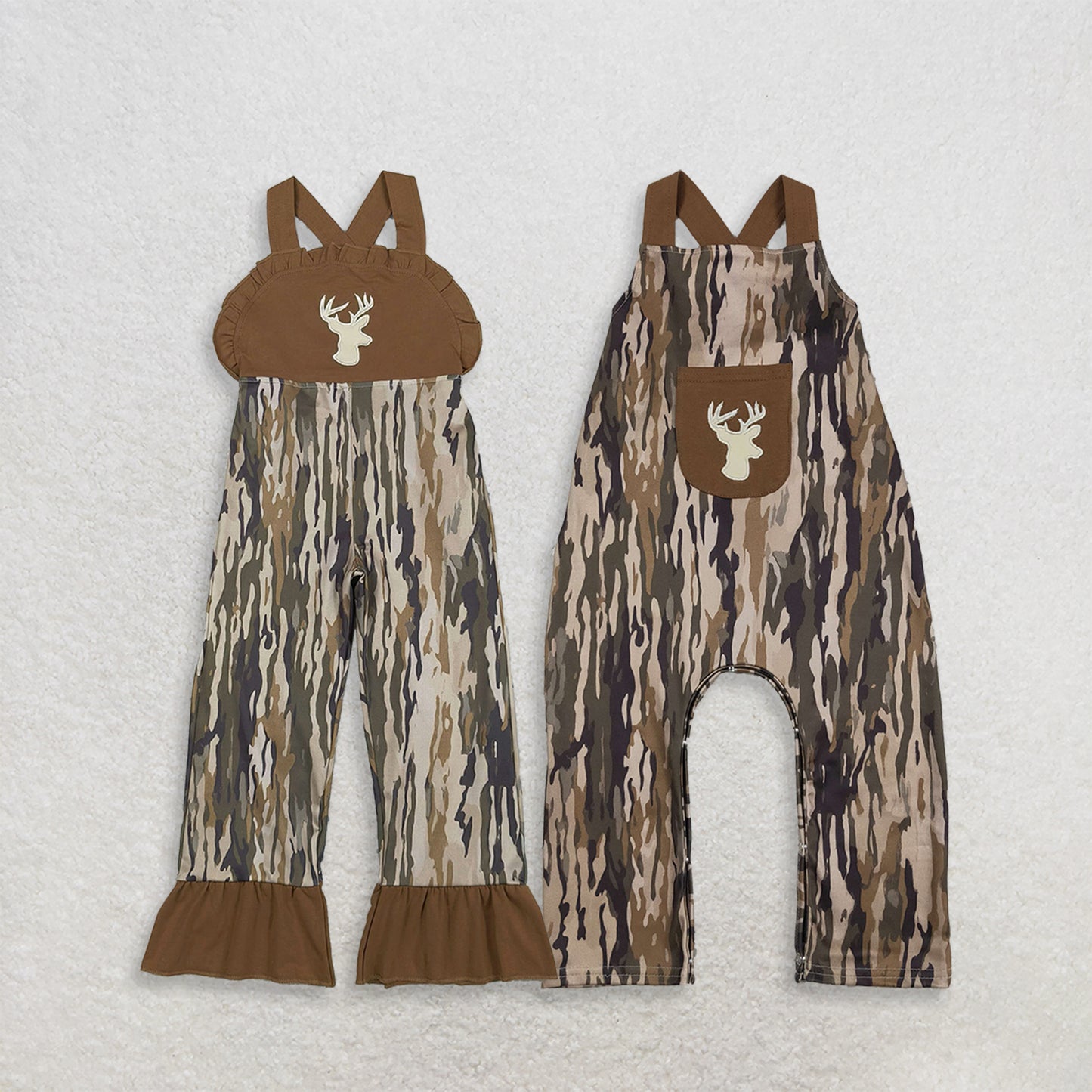 RTS Sibling Deer embroidery brown ruffle camo kids jumpsuit
