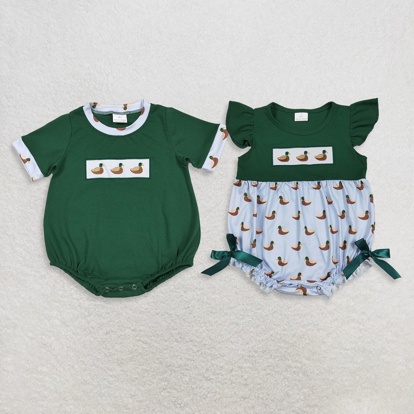 RTS Sibling Short sleeves duck embroidery green baby kids summer romper
