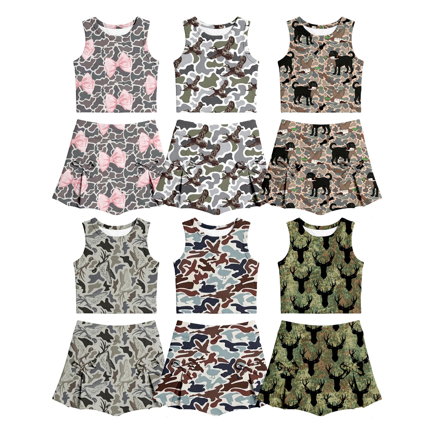 CUSTOM MOQ 5 Sibling Baby Girls Summer 6 Colors Camo Top Skirt Yoga Activewear Clothes Sets