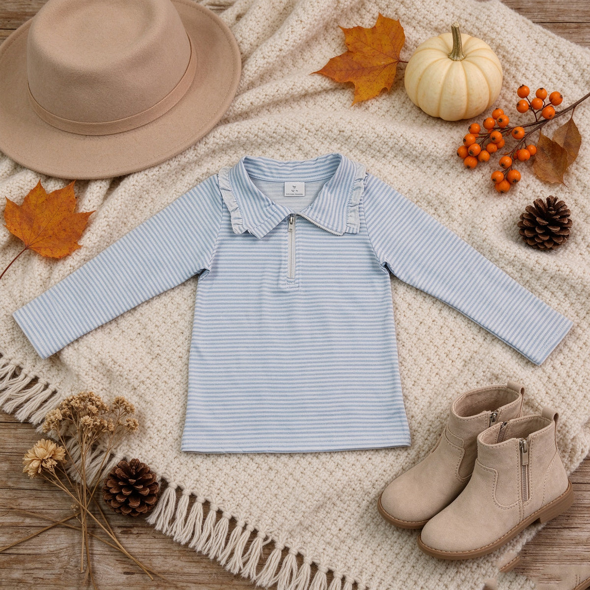 RTS NO MOQ （In stock）milk silk GT1755 Baby Girls Long Sleeve Light Blue Stripe Zip Ruffle Pullovers Top