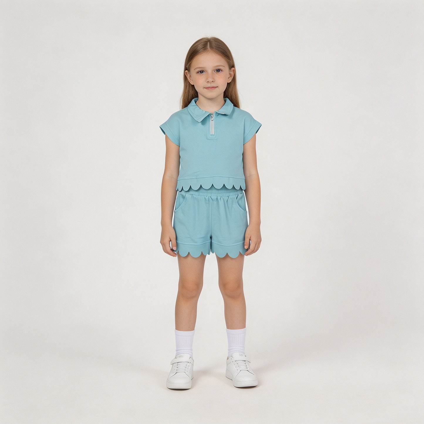 GSSO3376 RTS NO MOQ （In stock ）Aqua short sleeves scallop pullover shorts girls outfits