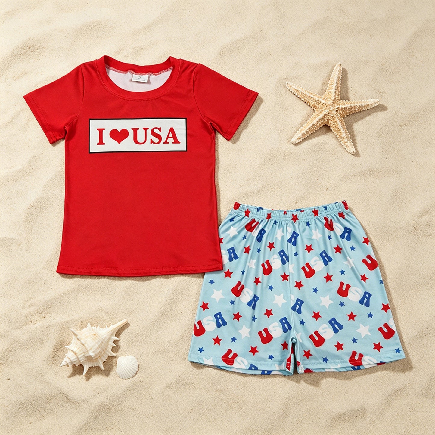 BSSO2011 RTS NO MOQ （In stock ）Short sleeves I love USA top shorts boys 4th of july outfit