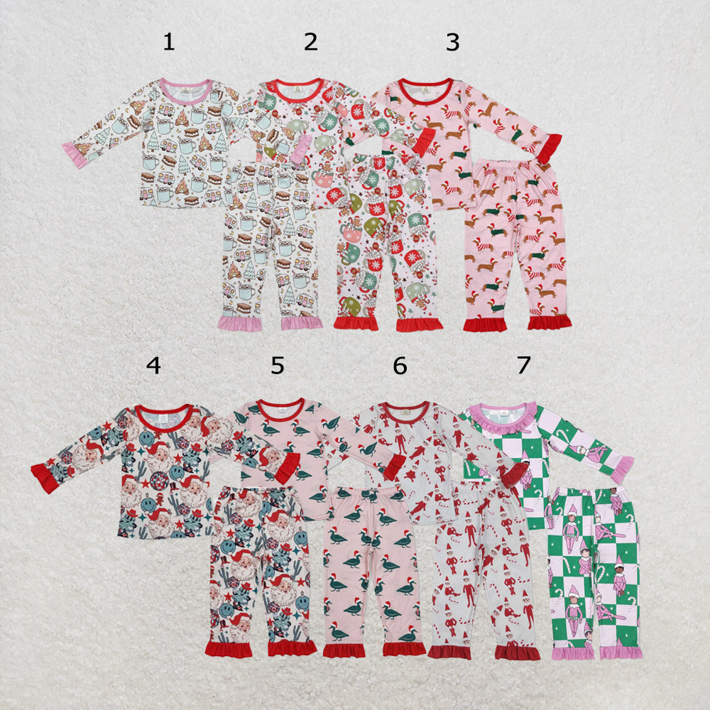 RTS Sibling Baby Girls Christmas Shelf Bamboo Pajamas Clothes Sets