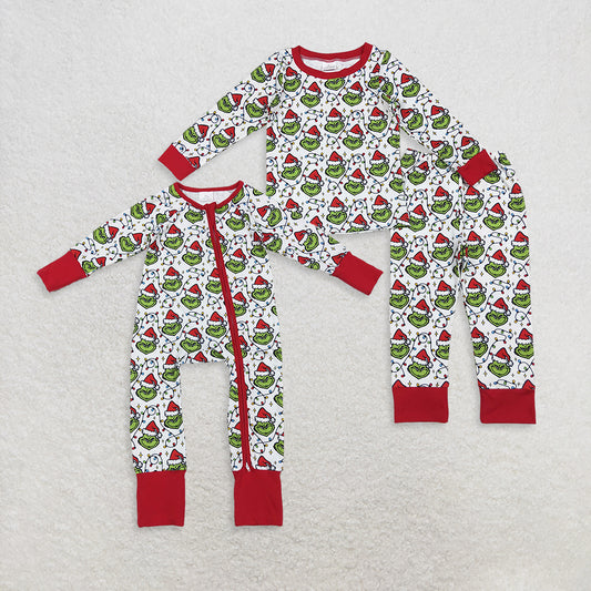 RTS Sibling Baby Boys Winter Rompers Christmas Lighting Green Face Baby Kids Pajamas Rompers Holiday Sleepwear for Infants And Toddlers