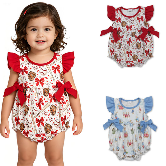 RTS Sibling Flutter sleeves bow baseball baby girls romper