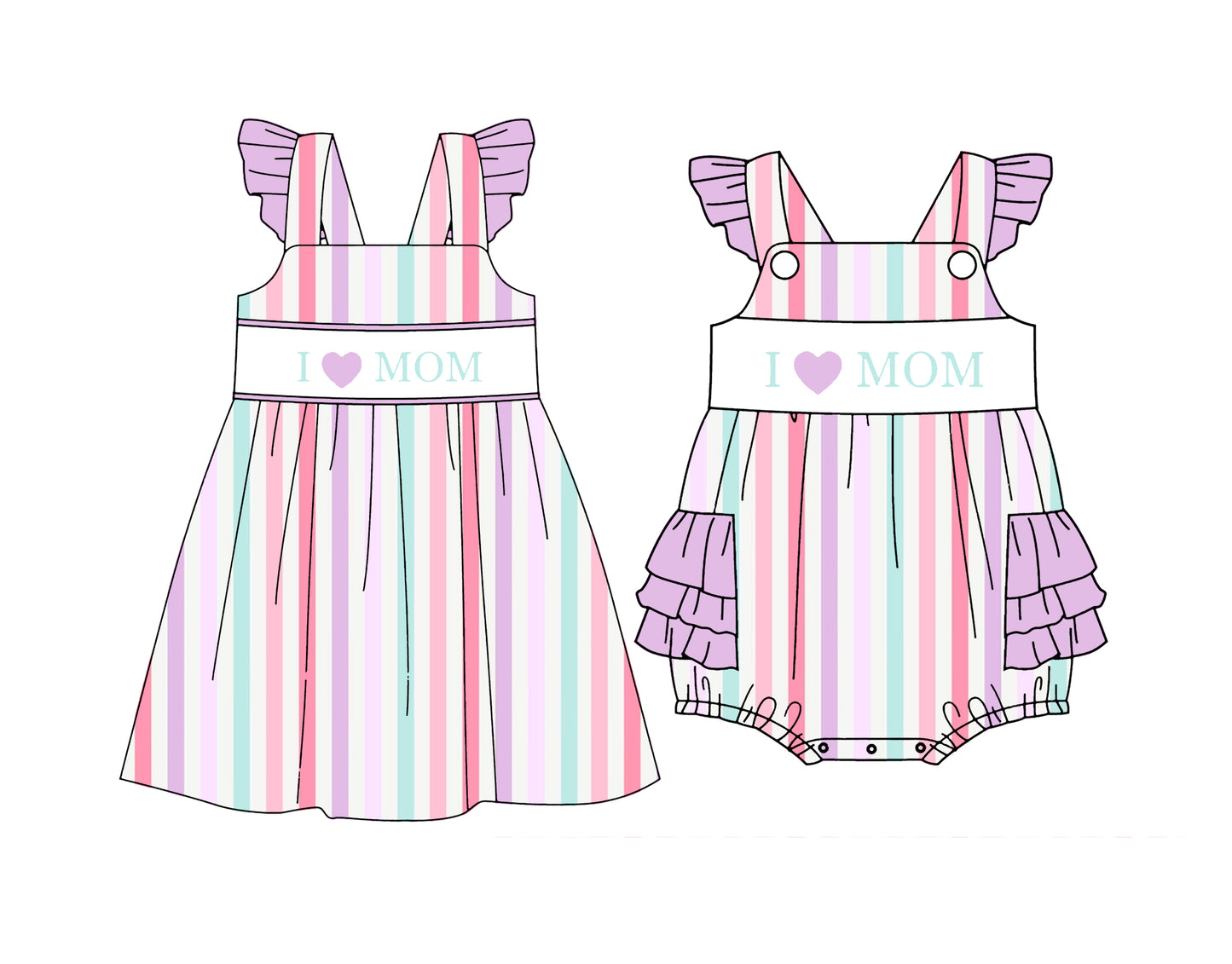 CUSTOM MOQ 5 Sibling Baby Girls Summer I Love MoM Purple Stripe Flutter Sleeve Knee Length Dresses Ruffle Rompers