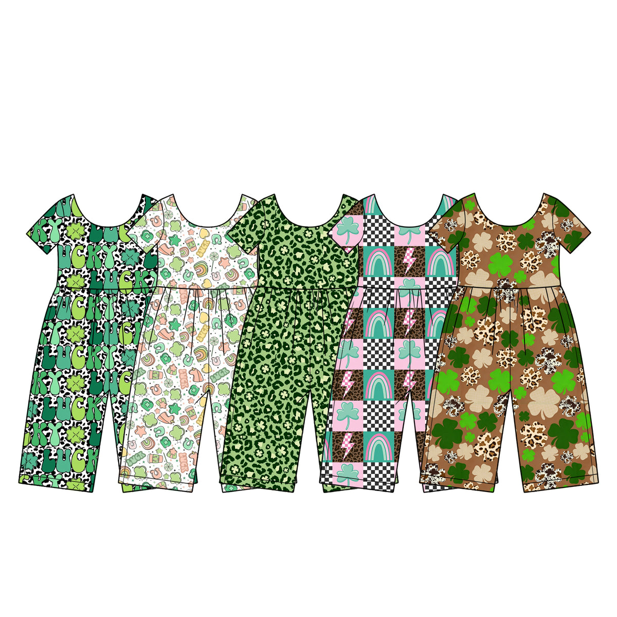 (Preorder new) No moq Baby Girls Green Leopard Print Short Sleeve Jumpsuit