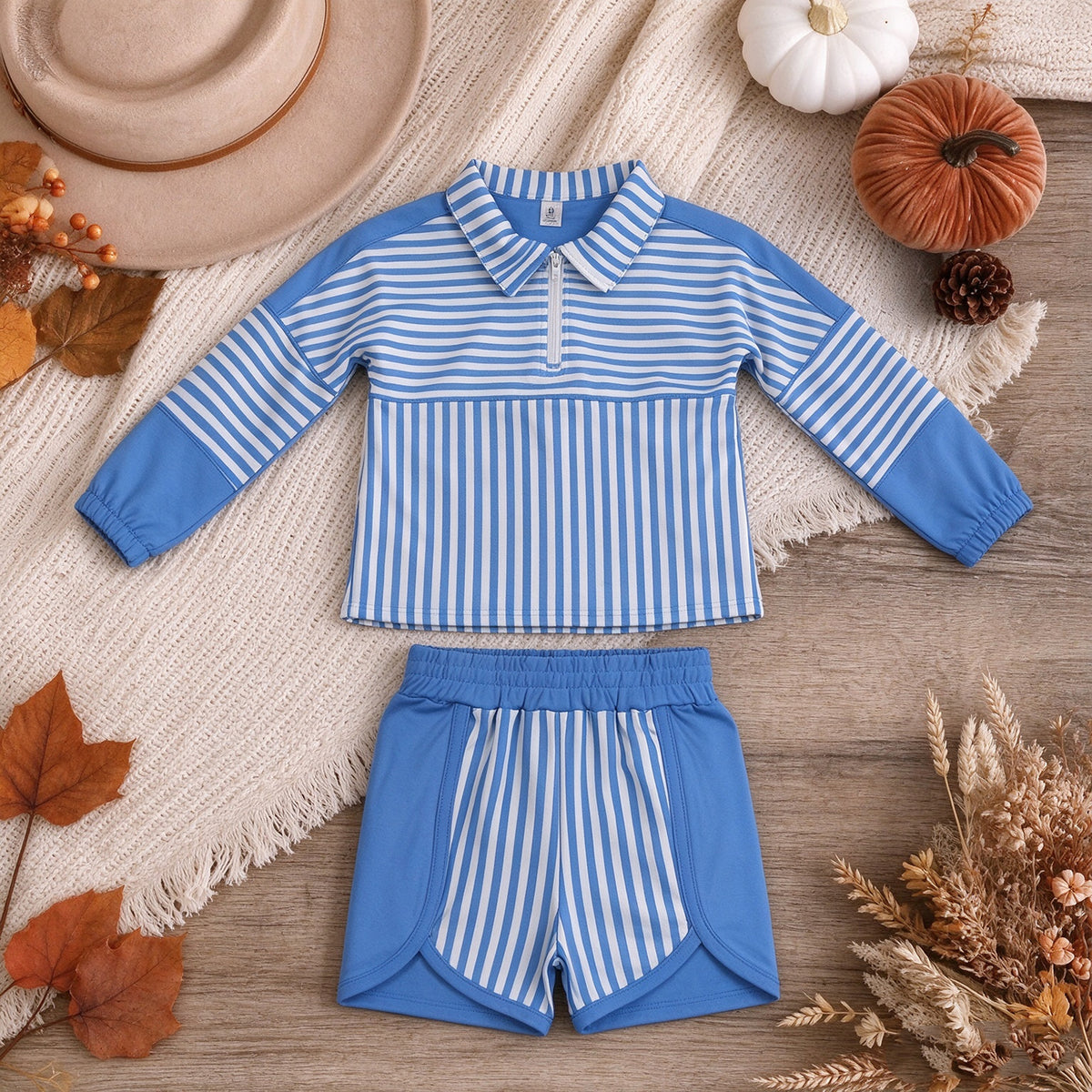 RTS NO MOQ （In stock）GLS0107(GT1716+SS0950) yoga fabric Baby Girls Hot Blue Stripe Zip Pullovers Shorts Yoga Active Clothes Sets