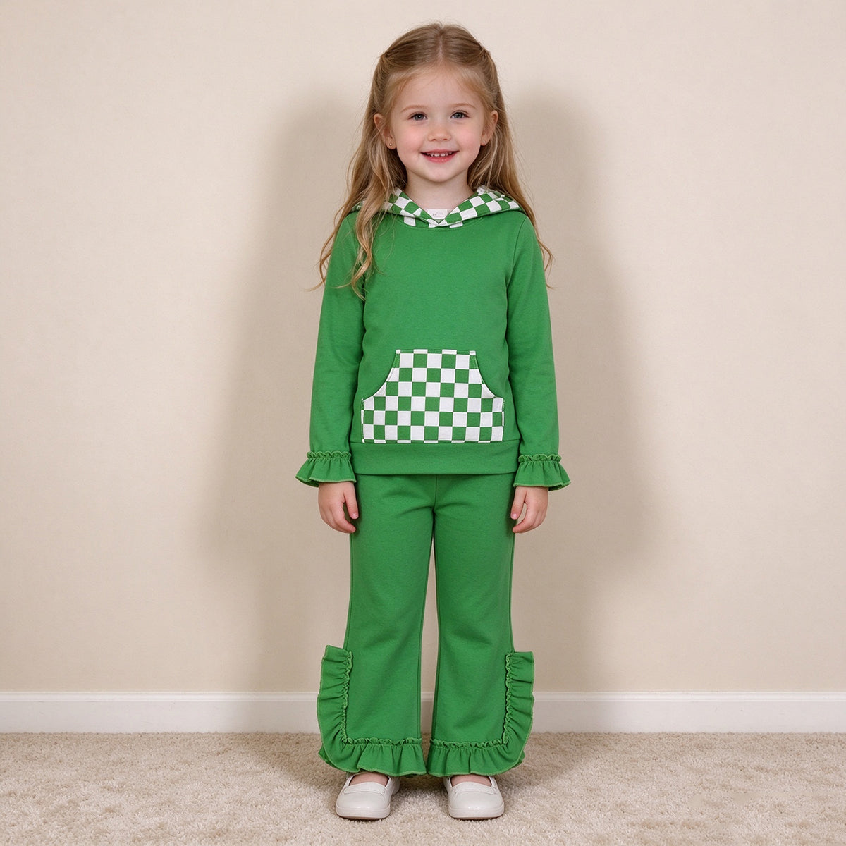RTS NO MOQ （In stock） milk silk GLP3714（GT1855+P1165）Baby Girls Green Checked Pocket Long Sleeve Hoodie Ruffle Pant Outfit