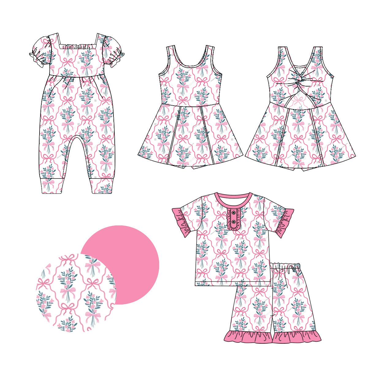 Pink ruffle short sleeves floral bow baby girls pajamas