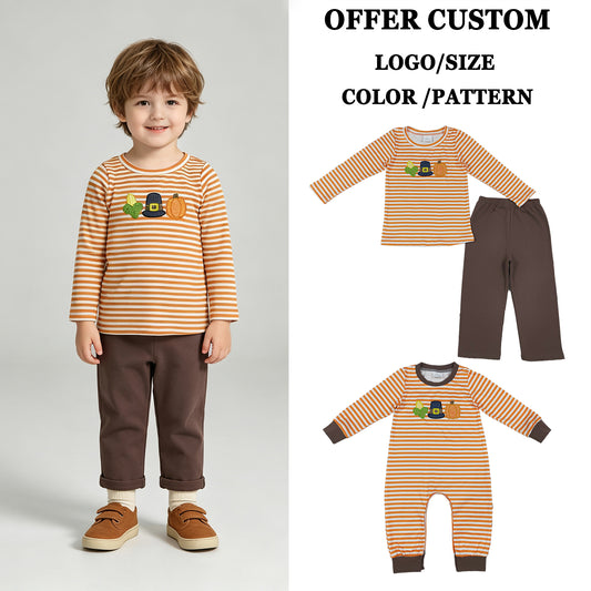 RTS NO MOQ Siblingmilk silk Embroidery Pumpkin Baby Boys Orange Stripe Top Pant Fall Clothes Sets Rompers