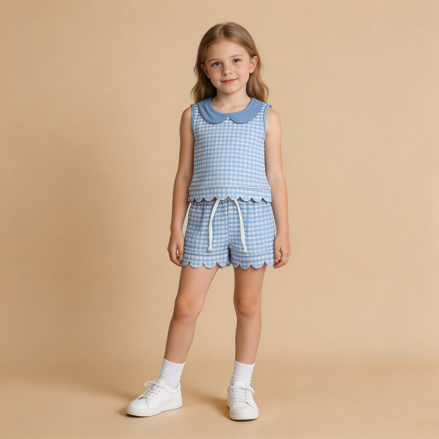 GSSO3397 RTS NO MOQ （In stock）Sleeveless light blue plaid scallop top shorts girls outfits