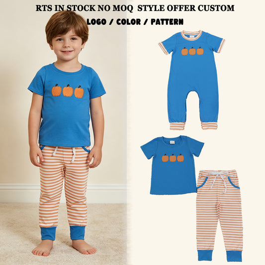 RTS NO MOQ Sibling milk silk Baby Boys Embroidery Pumpkins Short Sleeve Stripe Pockets Jogger Fall Clothes Sets Rompers