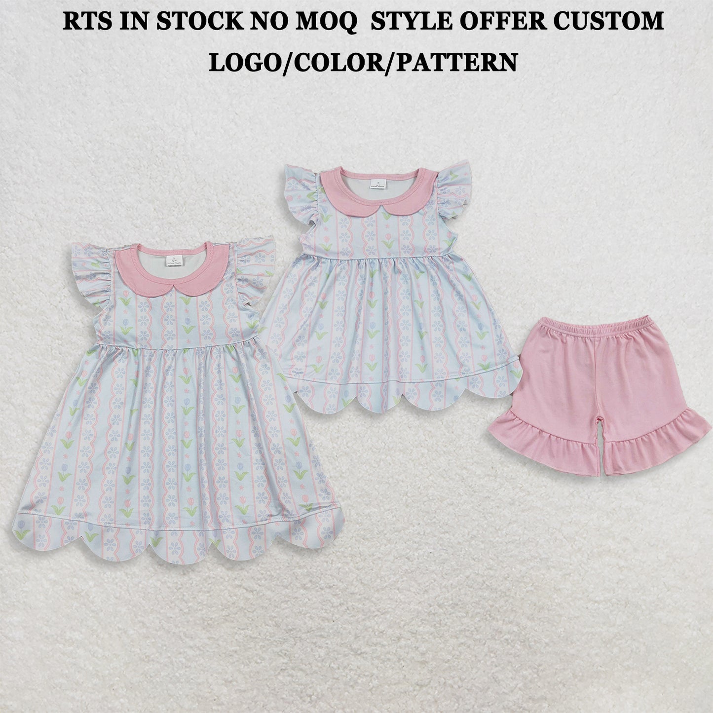 RTS NO MOQ Sibling milk silk Baby Girls Flowers Stripe Collar Scallop Tunic Ruffle Short Clothes Sets Dress