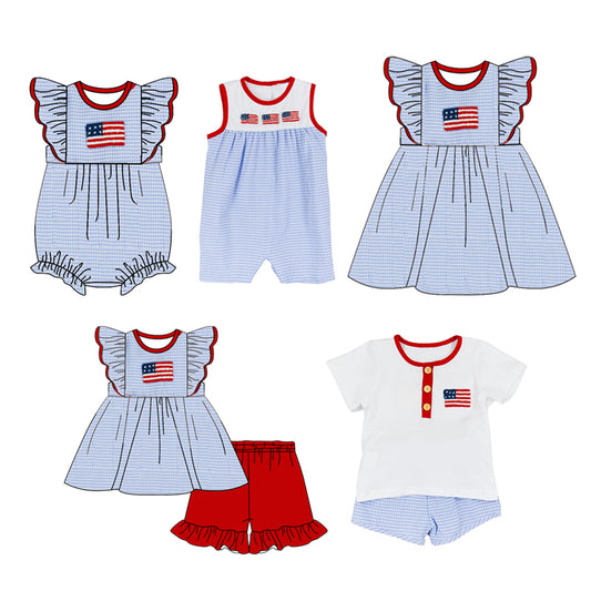 Boys Plaid Shorts And White Flag Top Outfit for 4th of July Red Blue Checkered Clothing Set