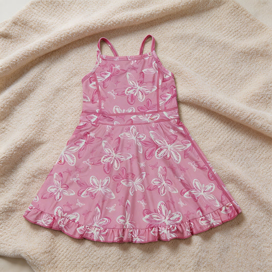 GSD2292 RTS NO MOQ （In stock）Straps pink butterfly ruffle kids girls athletic dress