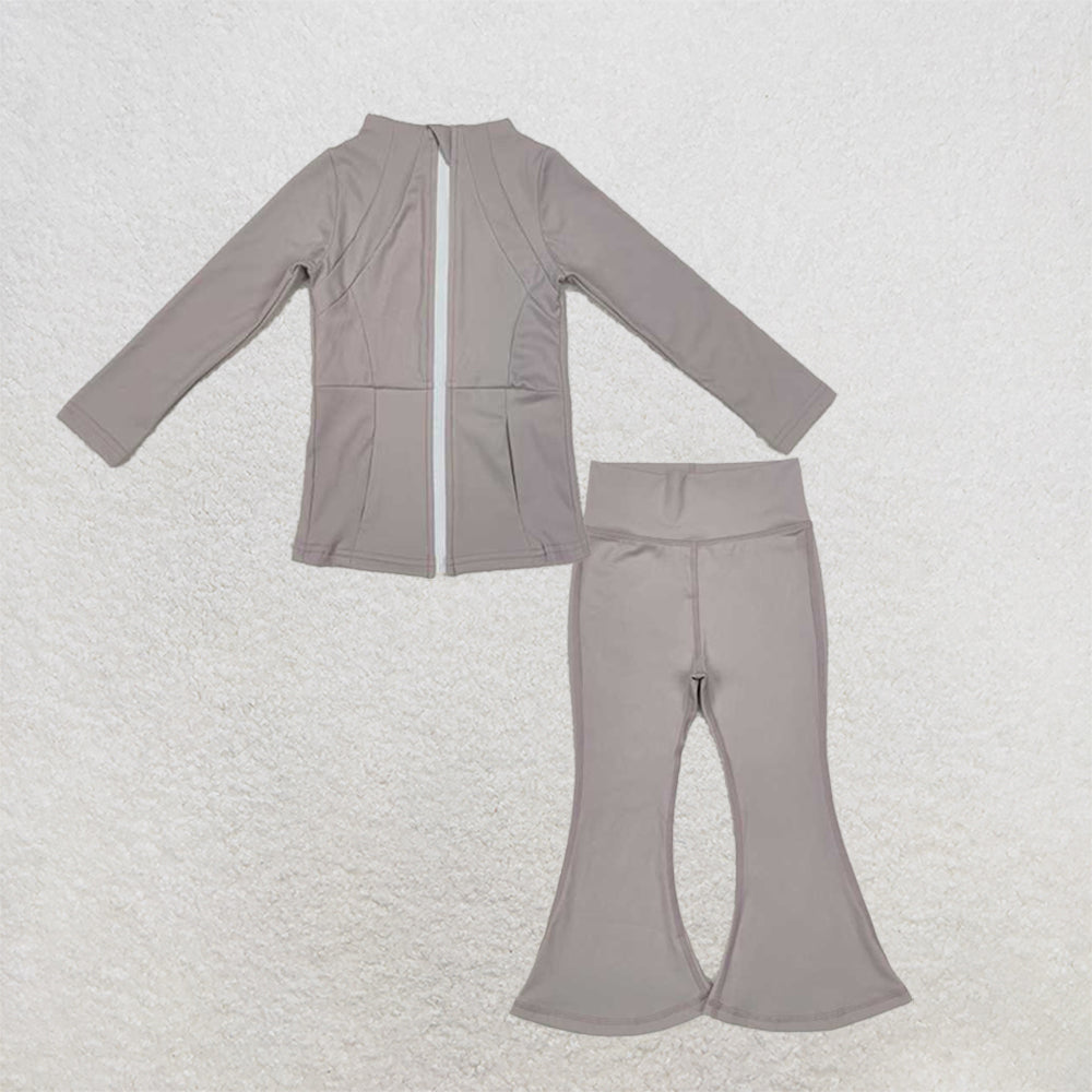 6.03  New Rts No Moq 8-9 Days By Air Arrived it Grey Long Sleeve Zippered Baby Girl Yoga Top And Dark Grey Yoga Pants Set for Kids Comfortable Breathable Outfit