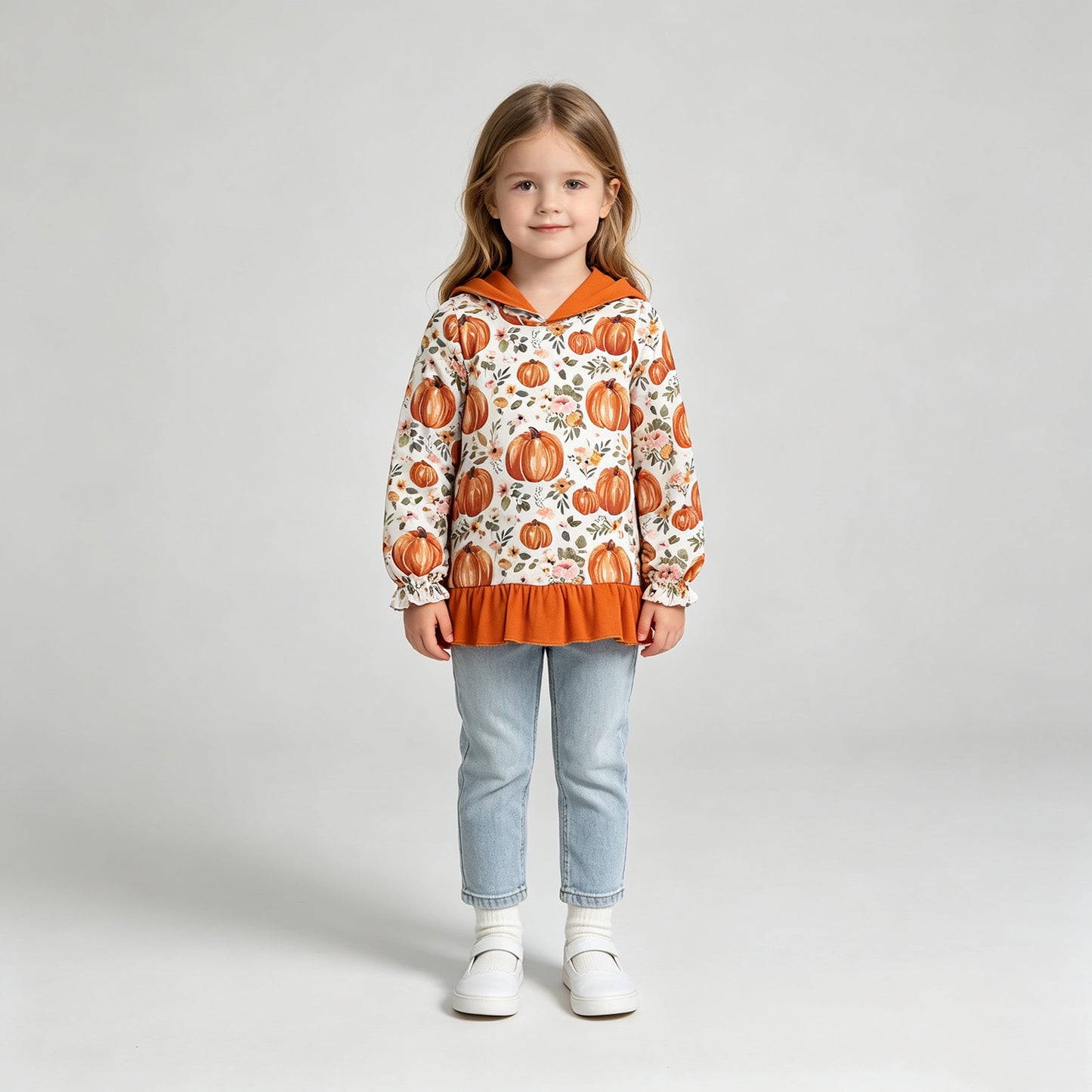 GT1647 RTS NO MOQ （In stock）Long sleeves orange ruffle pumpkin girls fall hoodie