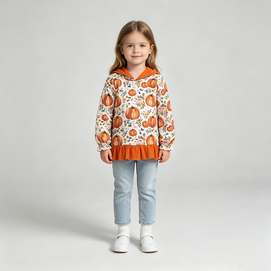 GT1647 RTS NO MOQ （In stock）Long sleeves orange ruffle pumpkin girls fall hoodie