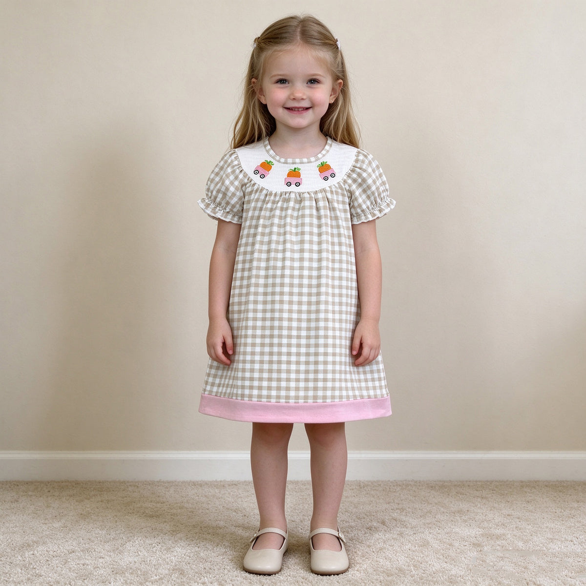 RTS NO MOQ （In stock）milk silk GSD4258 Smocked Pumpkins Trucks Baby Girls Khaki Checked Fall Knee Length Dresses