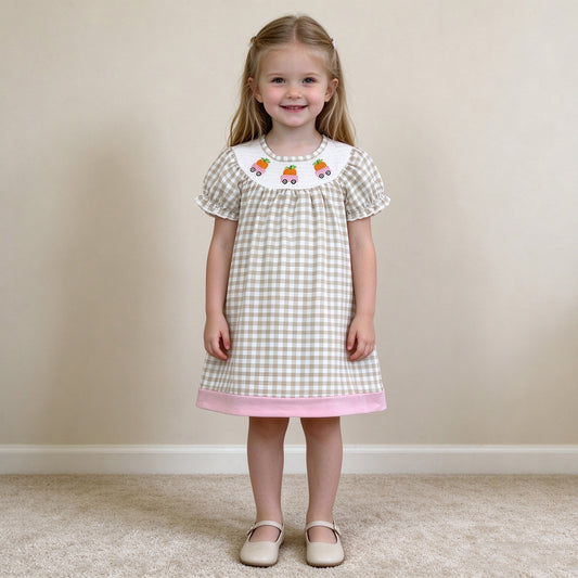 RTS NO MOQ （In stock）milk silk GSD4258 Smocked Pumpkins Trucks Baby Girls Khaki Checked Fall Knee Length Dresses