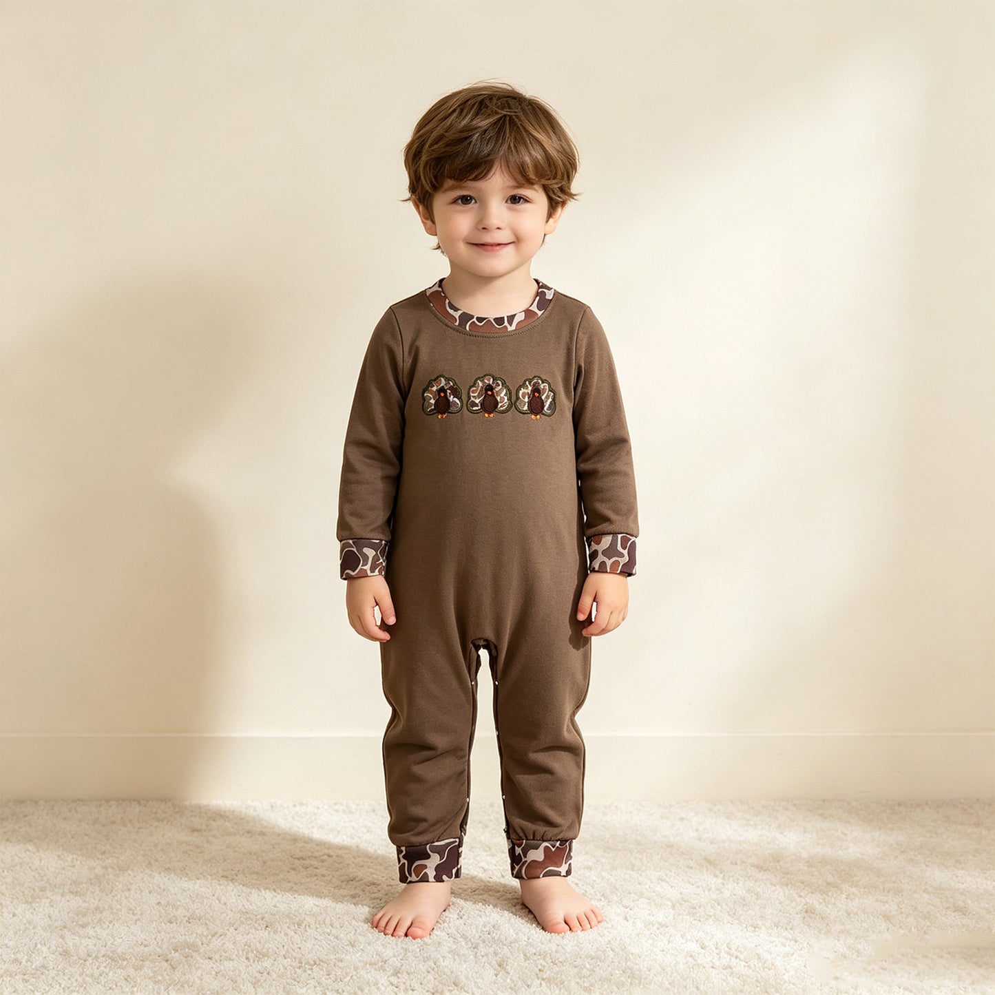 RTS NO MOQ milk silk LR3108 Embroidery Baby Boys Camo Turkey Thanksgiving Romper Holiday Outfit