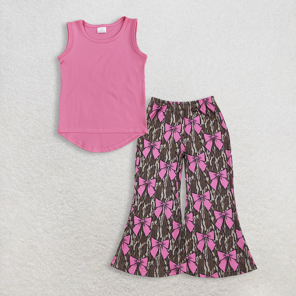 3.13 RTS NO MOQ （In stock）GT0983+ P0896 Baby Girls Pink Sleeveless Vests Tops Olive Camo Pink Bows Flare Pants Bottoms