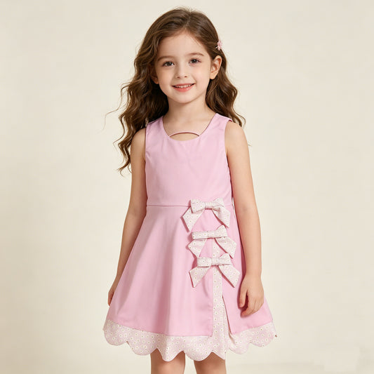 GSD3315 RTS NO MOQ （In stock ）Pink sleeveless bows kids girls summer athletic dress