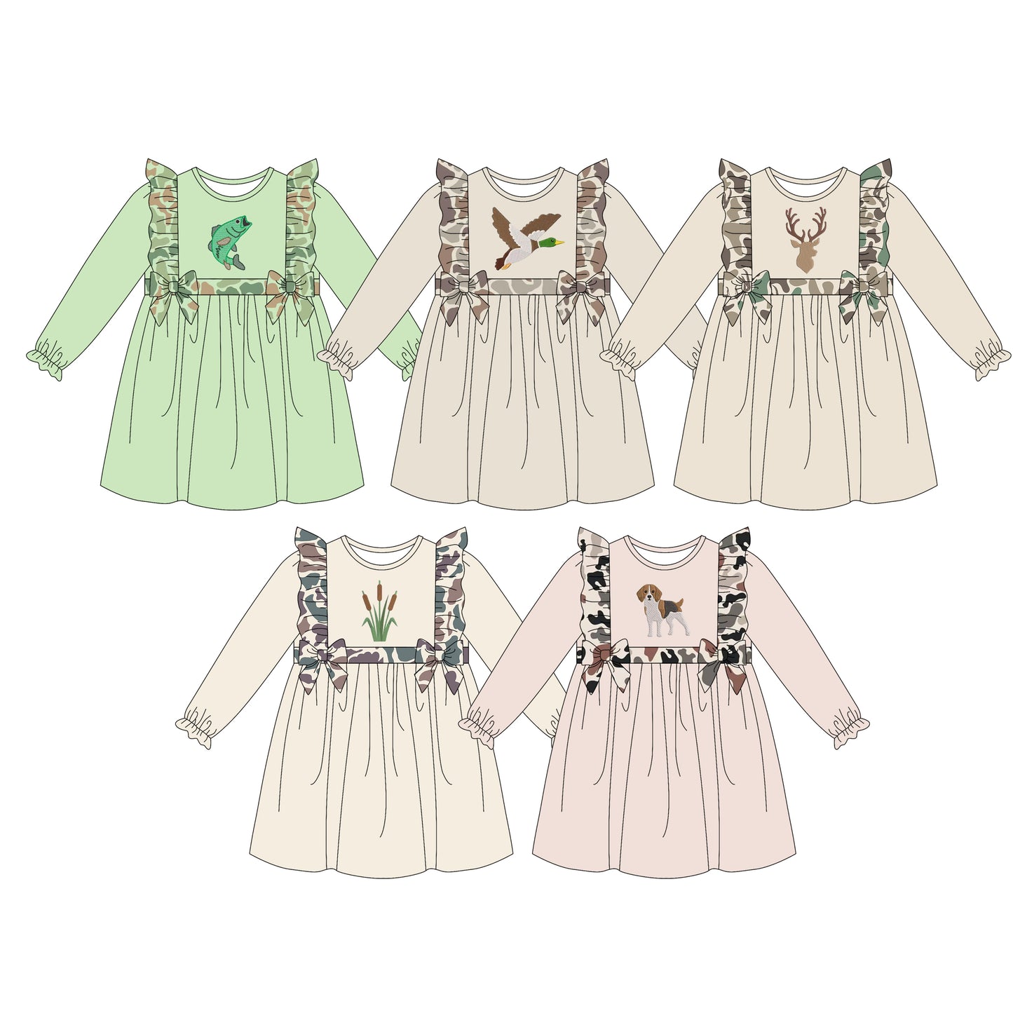4.15 Pre order No Moq Baby Girls Long Sleeve Camo Hunting Knee Length Dresses