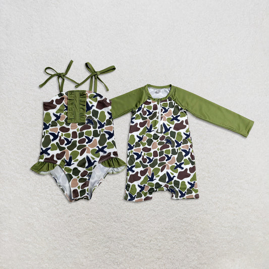 RTS Sibling Baby Girls and boys Southern Green Camo Ducks Hunting Swimsuits