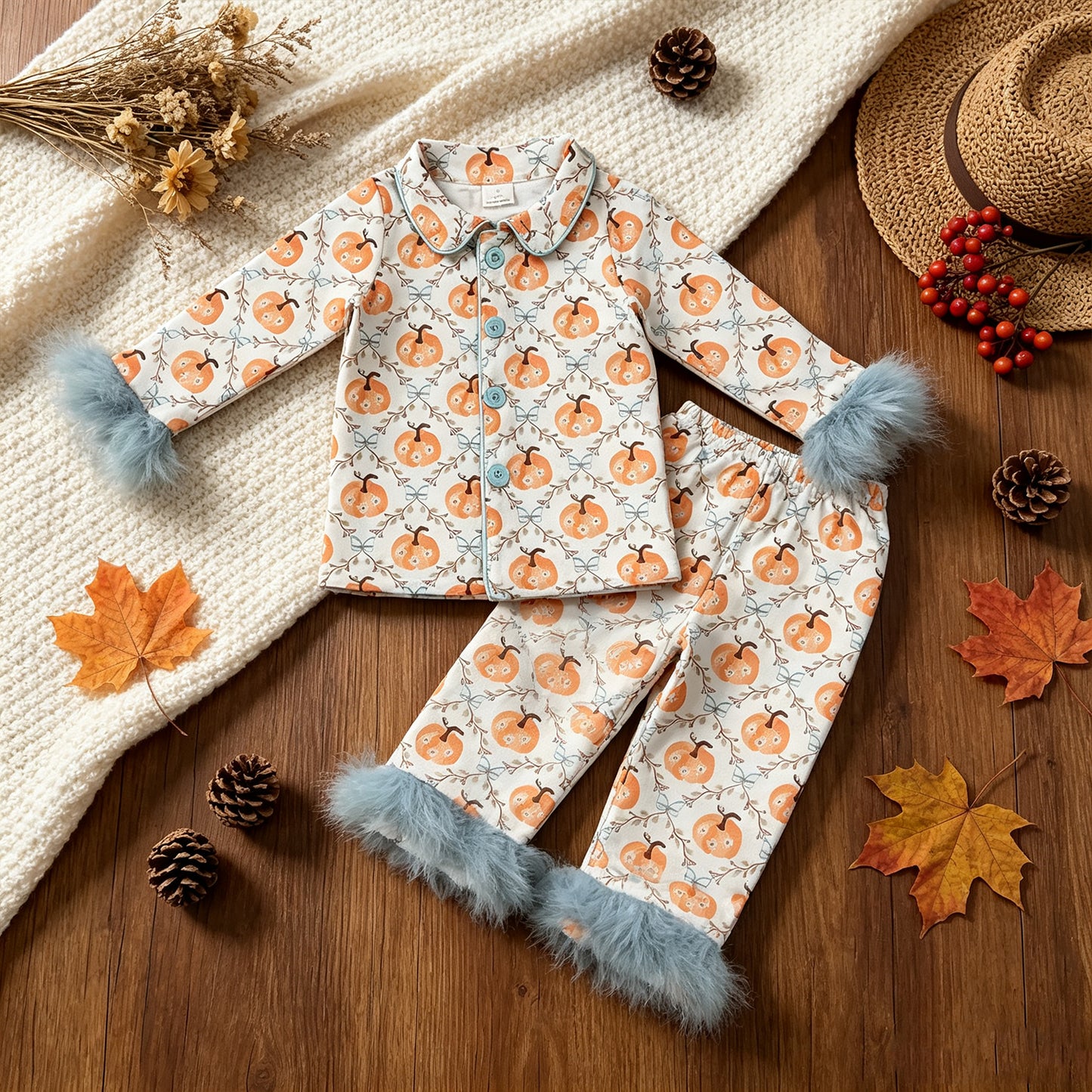 RTS NO MOQ （In stock）milk silk GLP3338  Baby Girls Floral Pumpkin Print Button Front Long Sleeve Top Elastic Waist Pants Fur Pajama Set