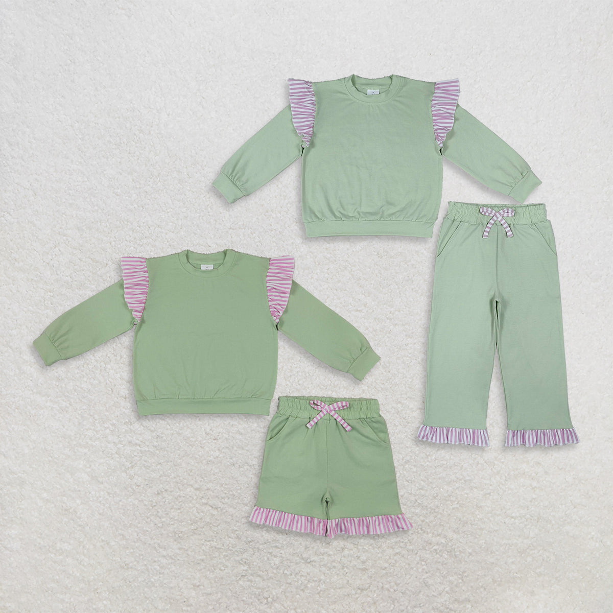 RTS NO MOQ Sibling cotton Baby Girls Light Green Long Sleeve Top With Striped Ruffle And Matching Shorts Or Pants Set