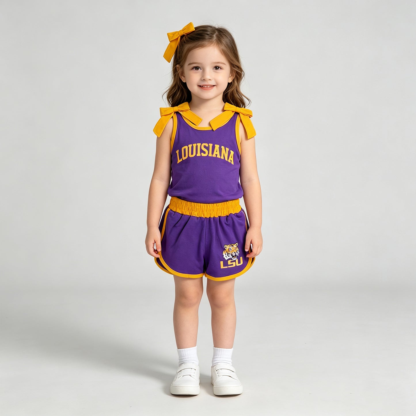 GSSO3832 RTS NO MOQ （In stock）Sleeveless yellow bow purple top shorts team girls outfits