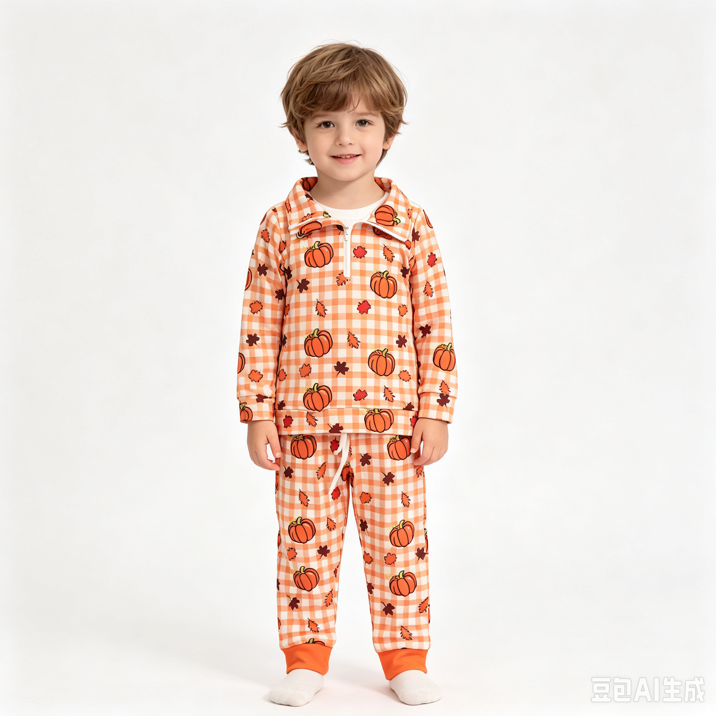 BLP1574（BT1895+P1198）Sample No Moq milk silk Baby Boys Pumpkins Checked Print Half Zip Collar Long Sleeve Top Jogger Pant Set