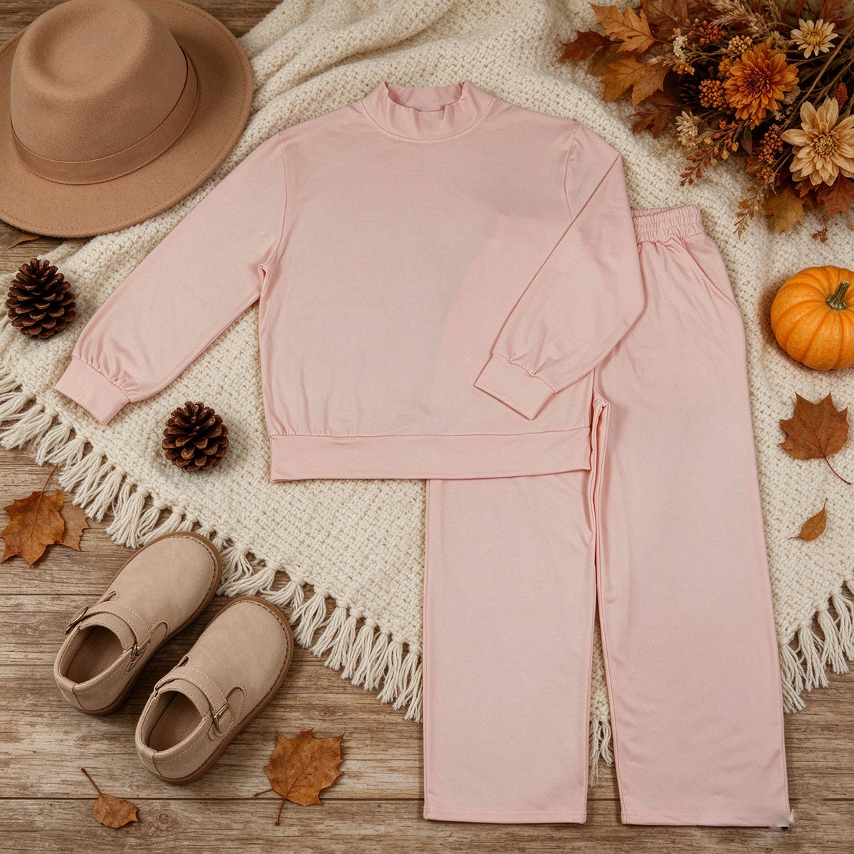 RTS NO MOQ （In stock）cotton GLP3415 Adult Women Light Pink Long Sleeve Top And Flare Pant Fall Pajamas Set