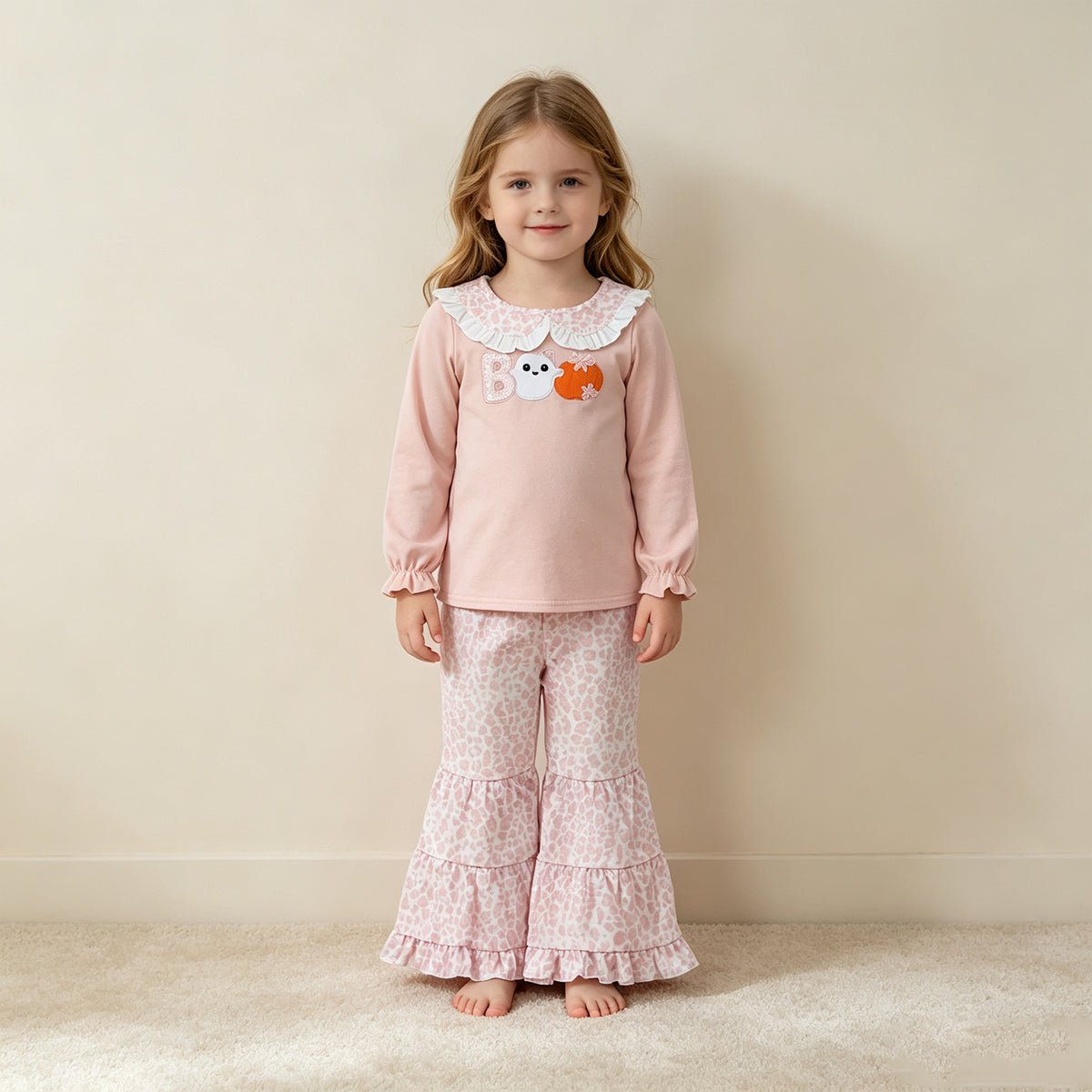 RTS NO MOQ milk silk GLP3630 Embroidery Pumpkin Ghost BOO Baby Girls Top Leopard Bell Bottom Halloween Sets