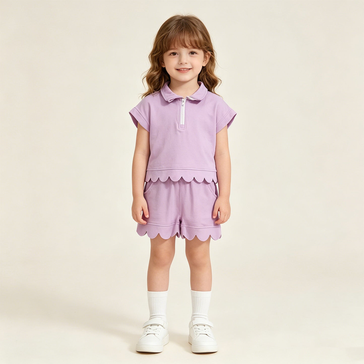 GSSO3378  RTS NO MOQ （In stock Baby Girls Summer Fashion Short Sleeve Purple Zipper Scallop Pullover Top Pockets Short Checked Set