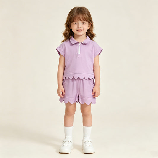 GSSO3378  RTS NO MOQ （In stock Baby Girls Summer Fashion Short Sleeve Purple Zipper Scallop Pullover Top Pockets Short Checked Set