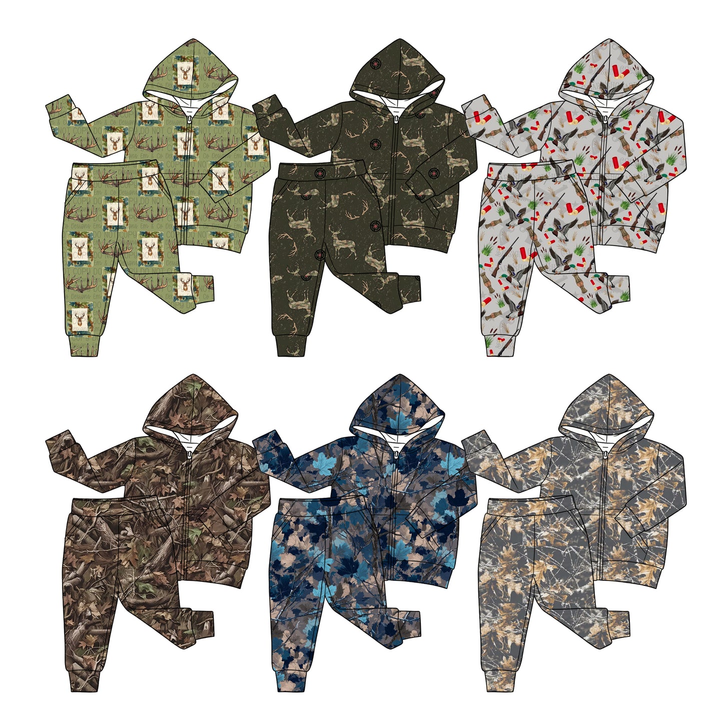 4.20 Pre order No Moq Baby Boys Camo Deer Pocket Zip Hoodies Jogger Pant Hunting Clothes Sets