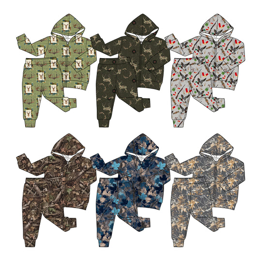 4.20 Pre order No Moq Baby Boys Camo Deer Pocket Zip Hoodies Jogger Pant Hunting Clothes Sets