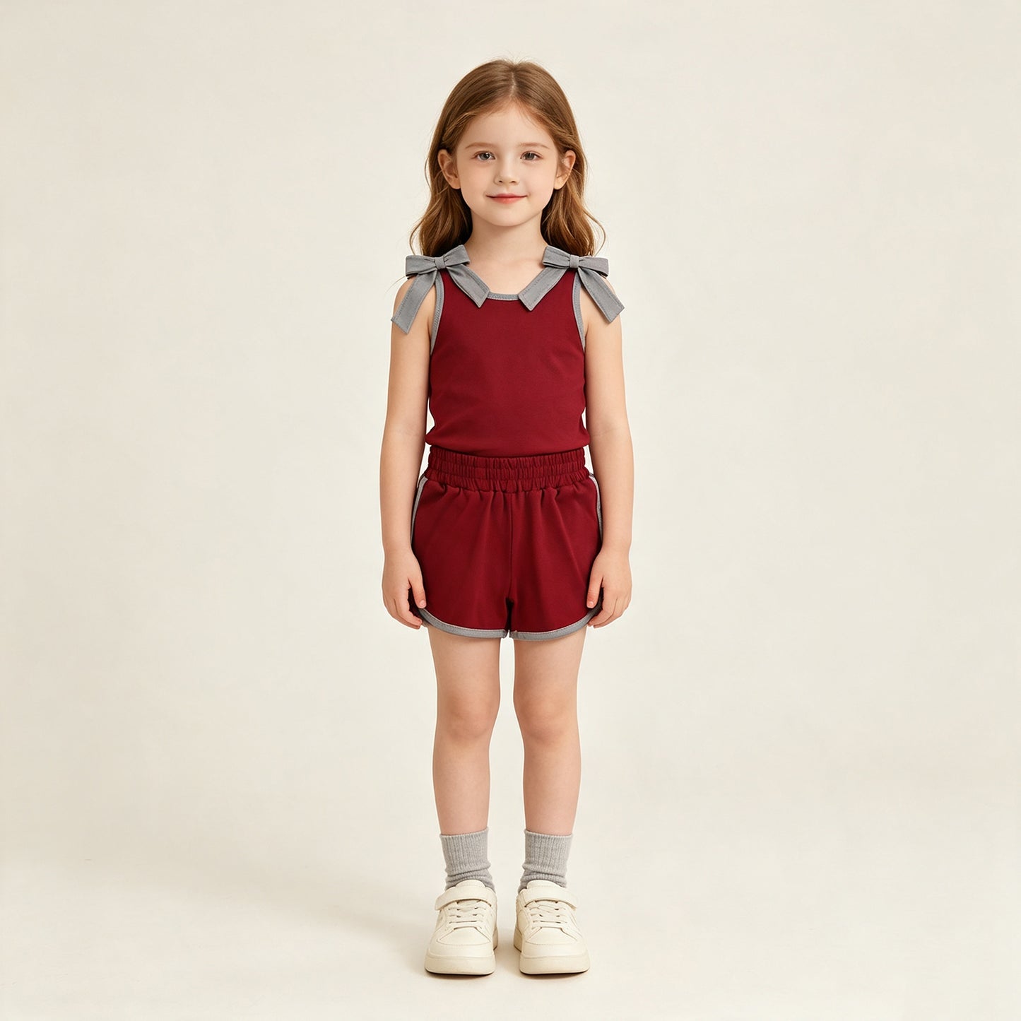 GSSO3820 RTS NO MOQ （In stock）Sleeveless grey bow maroon top shorts team girls outfits