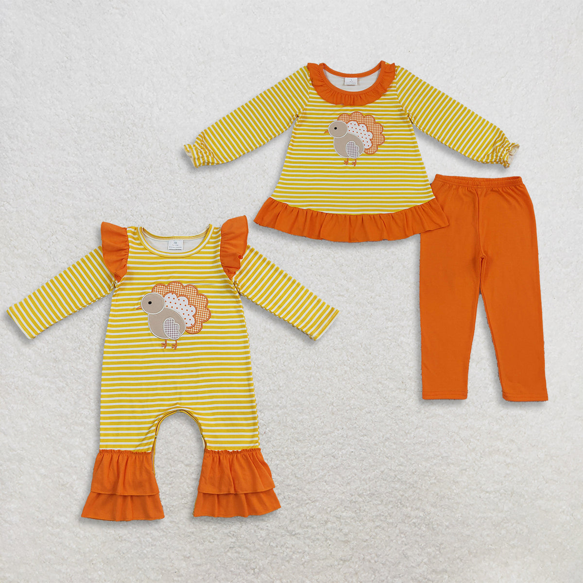 Sibling RTS NO MOQ  milk silk Embroidery Turkey Baby Girls Orange Stripe Tunic Leggings Thanksgivings Clothes Sets And romper