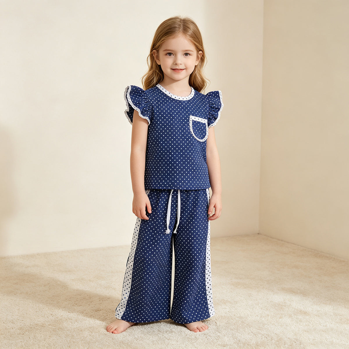 RTS NO MOQ （In stock）milk silk GSPO2372 Baby Girls Blue Polka Dots Pocket Top Flare Pant Clothes Set