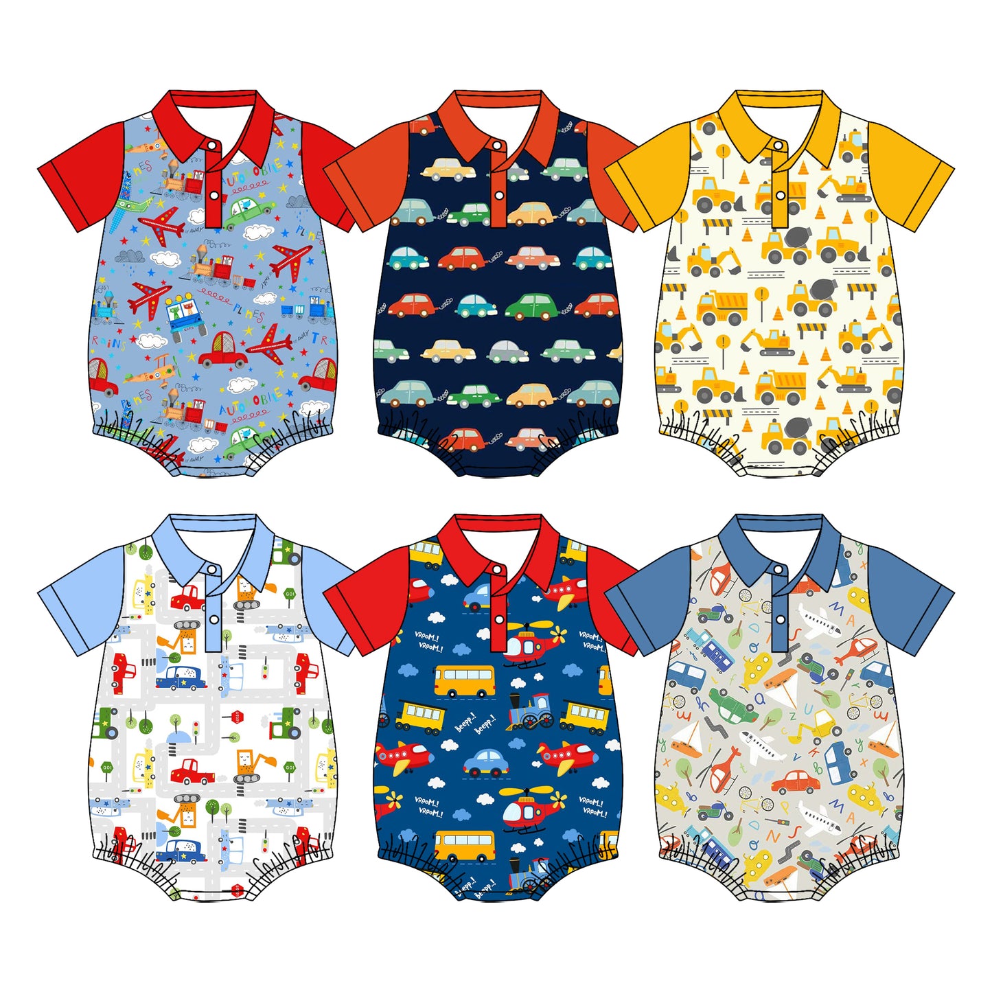 4.11 Pre Order No moq Baby Boys Short Sleeve Planes Trains Button Romper