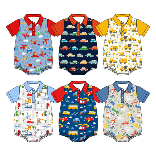 4.11 Pre Order No moq Baby Boys Short Sleeve Planes Trains Button Romper