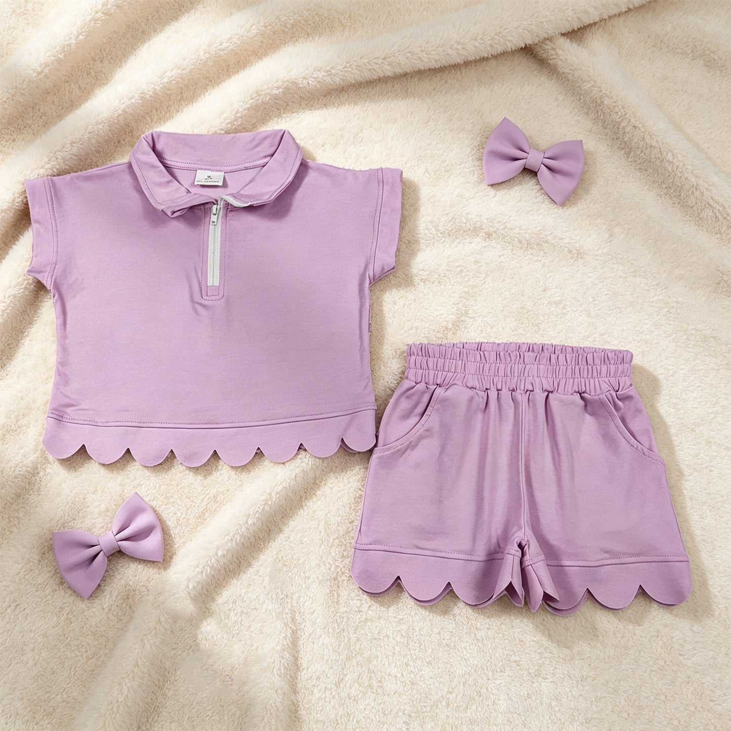 GSSO3378  RTS NO MOQ （In stock Baby Girls Summer Fashion Short Sleeve Purple Zipper Scallop Pullover Top Pockets Short Checked Set