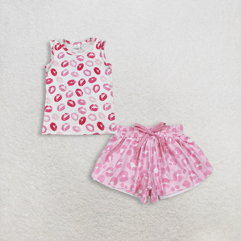 3.4 RTS NO MOQ （In stock）GT1419 + SS0587 Baby Girls Sleeveless Pink Mouths Valentines Vest Tops Shorts Bottoms