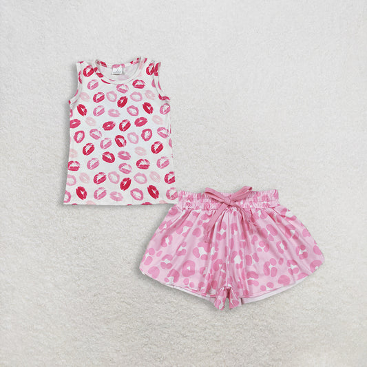 3.4 RTS NO MOQ （In stock）GT1419 + SS0587 Baby Girls Sleeveless Pink Mouths Valentines Vest Tops Shorts Bottoms