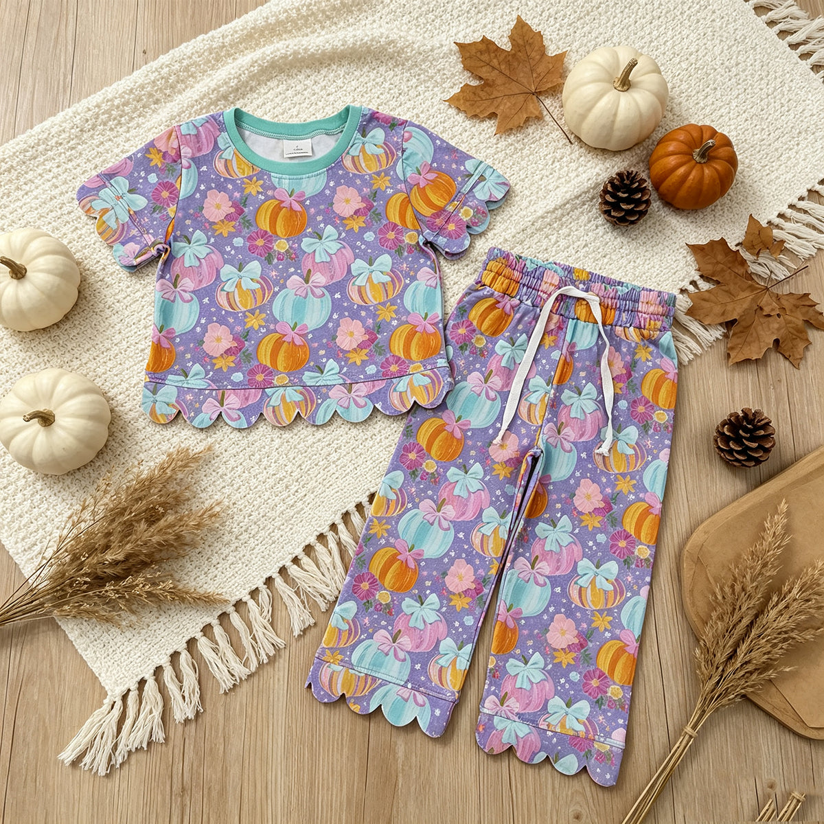 RTS NO MOQ （In stock）milk silk GSPO2364 Baby Girls Colorful Flowers Pumpkins Top Pants Fall Scallop Clothes Set
